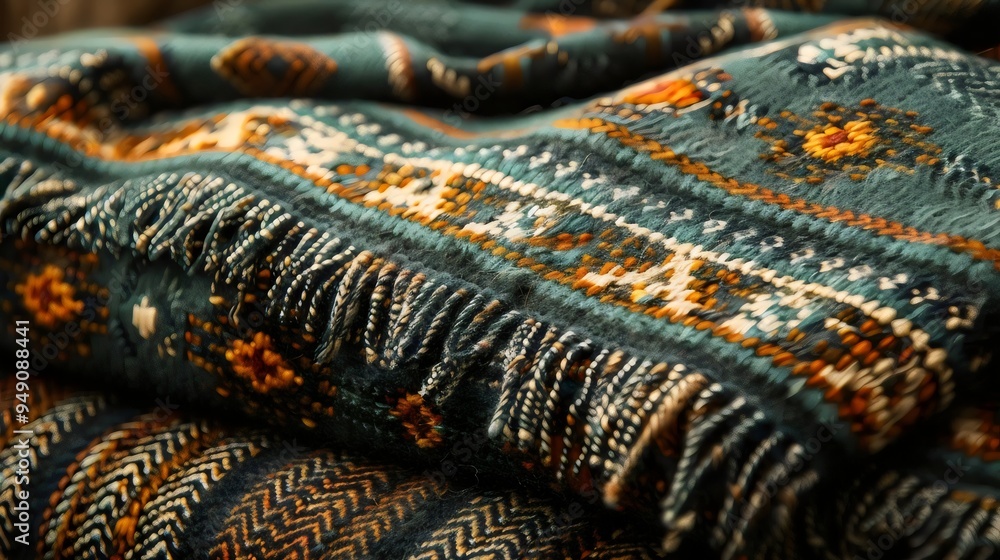 A blue and brown blanket with a fringe A blue and brown blanket with a fringe