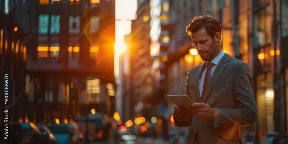 Businessman using a tablet in a city street at sunset. Urban photography with lens flare. Concept of modern business and technology. Businessman using a tablet in a city street at sunset. Urban photography with lens flare. Concept of modern business and technology.