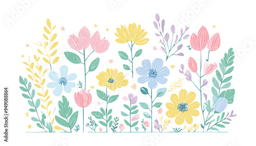 Botanical flowers, leaves. Soft color botanic background. Soft color flowers. Pastel tones botanical.