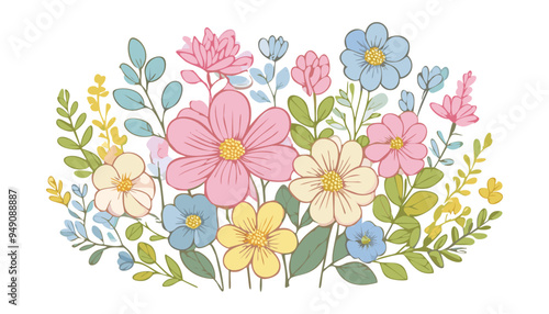 Botanical flowers, leaves. Soft color botanic background. Soft color flowers. Pastel tones botanical.