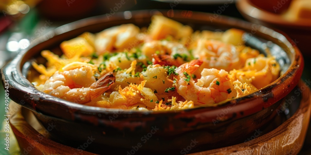 Shrimp Escondidinho A Brazilian dish with shrimp creamy cheese and crispy potato straws Shrimp Escondidinho A Brazilian dish with shrimp creamy cheese and crispy potato straws