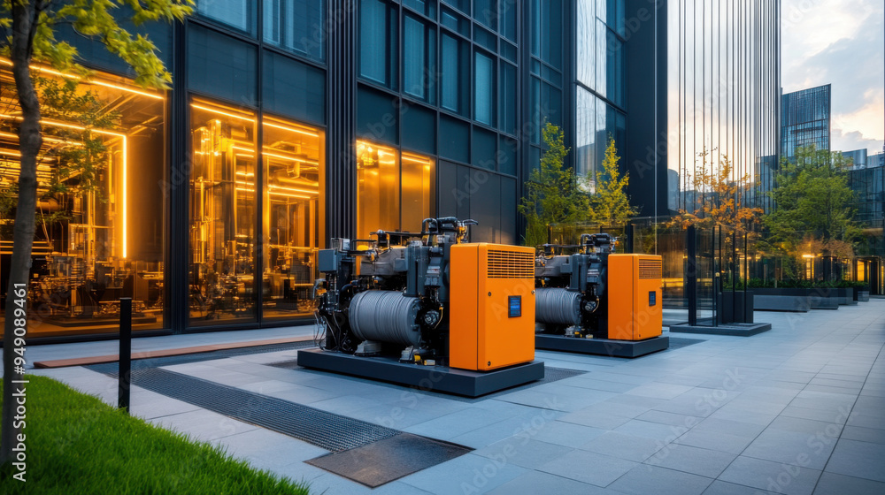 Naklejka premium Two large industrial generators placed outside a contemporary office building, showcasing modern infrastructure and power solutions.