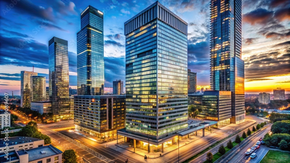 Obraz premium Modern high-rise hotel exterior with sleek glass and steel façade, set amidst vibrant cityscape, reflecting the cosmopolitan essence of Warsaw's urban landscape.