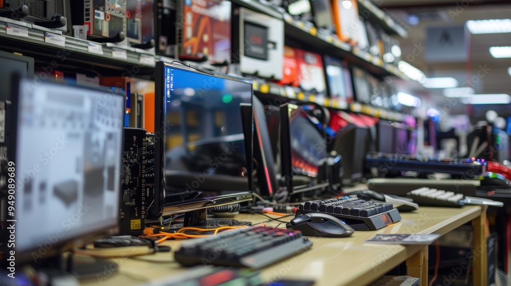 Computer hardware retail displaying gaming setups for sale Computer hardware retail displaying gaming setups for sale