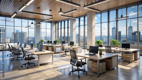 Modern office space with rows of empty desks and chairs, illuminated by large windows, awaiting occupancy in a sleek and professional corporate environment.