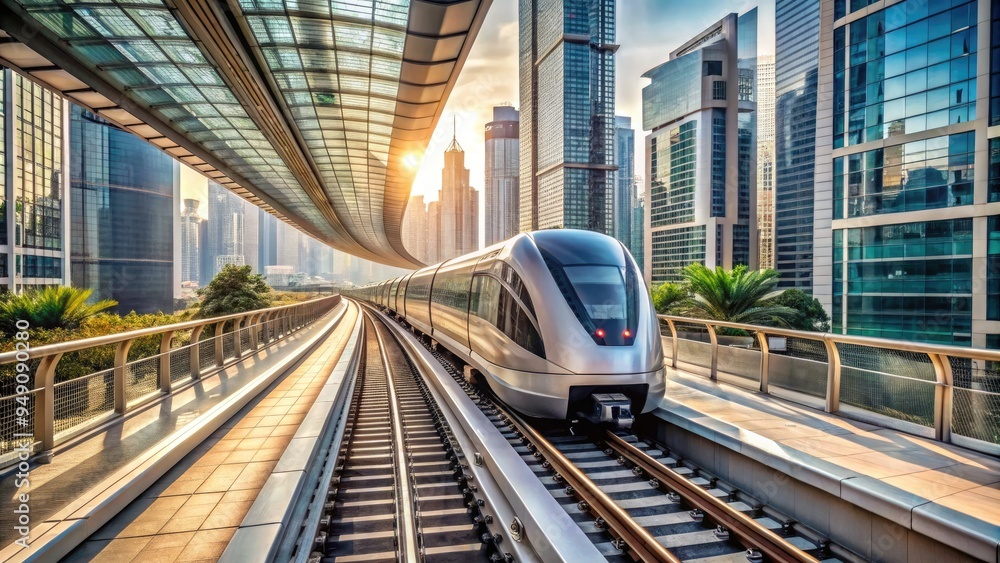 Naklejka premium Modern silver Doha Metro train speeds through sleek station, highlighting Qatar's advanced public transportation system and futuristic urban infrastructure development.