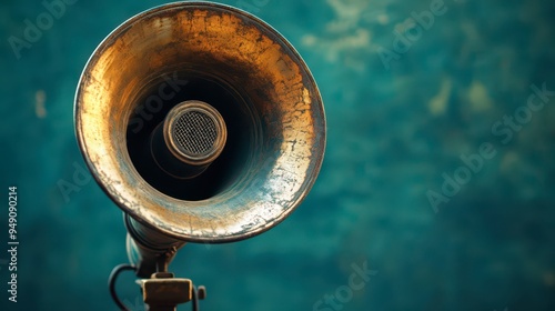 Vintage megaphone in front of a textured blue background photo