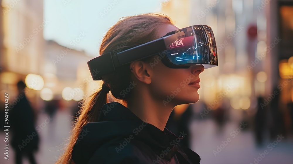 Woman exploring virtual reality in urban environment with futuristic headset and high-rise buildings Woman exploring virtual reality in urban environment with futuristic headset and high-rise buildings