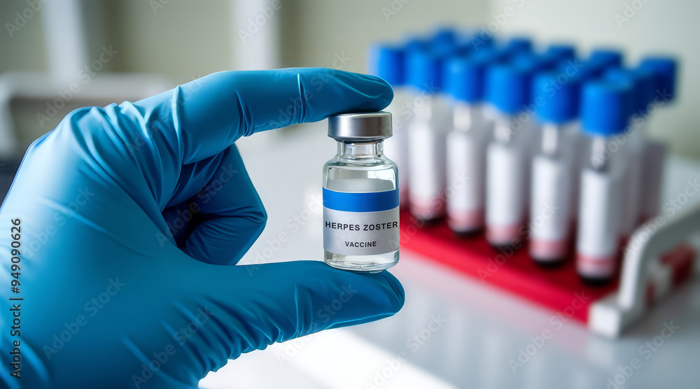 Close-up of doctor or nurse's hand in blue gloves holding small bottle of herpes zoster, varicella zoster vaccine on blurry medical office with laboratory sample vials and blood test tubes background. Close-up of doctor or nurse's hand in blue gloves holding small bottle of herpes zoster, varicella zoster vaccine on blurry medical office with laboratory sample vials and blood test tubes background.