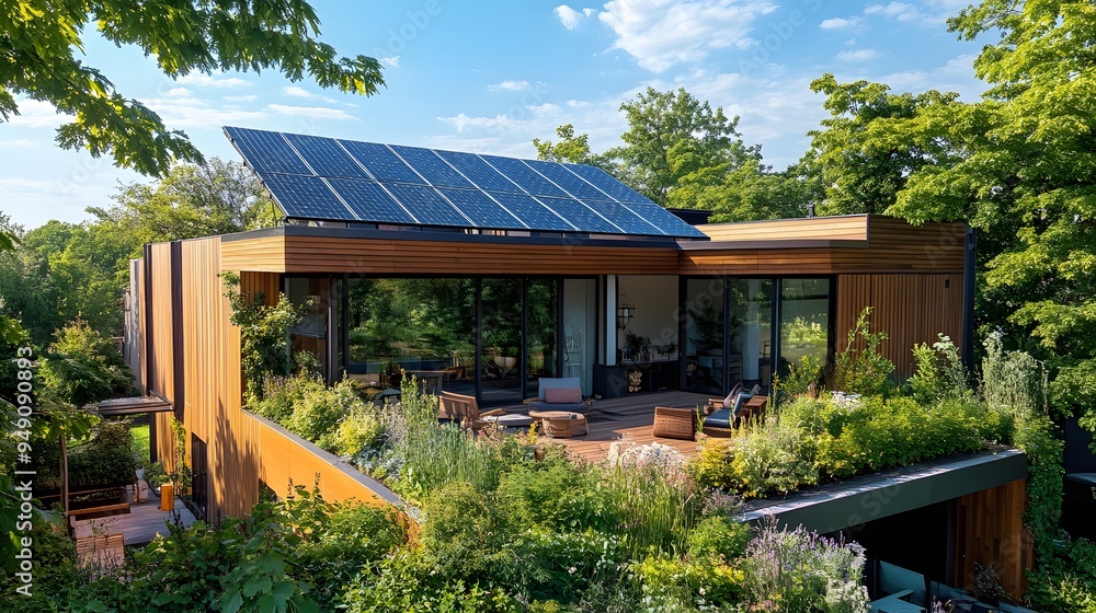 Fototapeta premium Modern eco-friendly home with rooftop solar panels and lush garden terrace