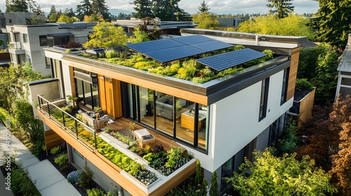 Modern eco-friendly home with rooftop solar panels and lush garden terrace
