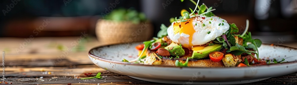 Avocado toast with a poached egg, artfully plated, modern cafe setting, Trendy, Fresh greens, Photograph, Stylish brunch Avocado toast with a poached egg, artfully plated, modern cafe setting, Trendy, Fresh greens, Photograph, Stylish brunch