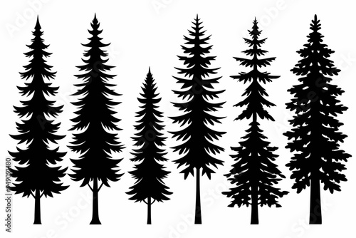 Pine Trres vector trees set. Tree icons are set in a modern flat style. Vector silhouette, graphic trees elements and landscape photo