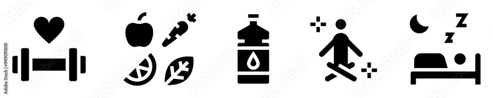 Physical wellness icon set. Heart with dumbbell, healthy eating, water bottle, person meditating, sleep and rest. Solid icons. Vector illustration Physical wellness icon set. Heart with dumbbell, healthy eating, water bottle, person meditating, sleep and rest. Solid icons. Vector illustration