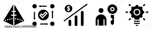 Business model icon set. Financial strategy. Leadership levels, value chain, growth, strong relationships, innovation. Solid icons. Vector illustration