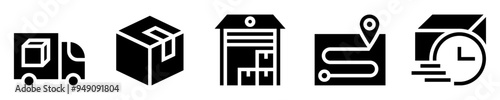 Logistics icon set. Courier service. Delivery truck, box, package, warehouse, route, map, fast clock. Solid icons. Vector illustration