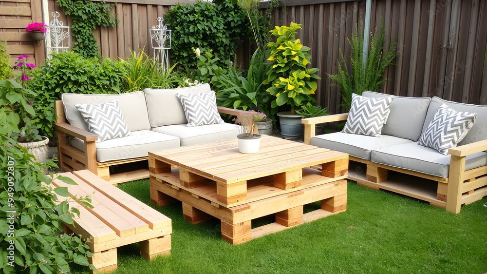 Pallet table with couch in garden. Generative AI Pallet table with couch in garden. Generative AI