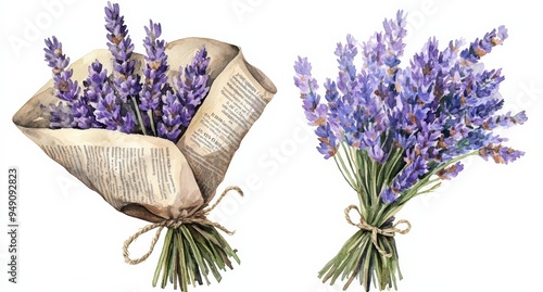 A watercolor bouquet of lavender, wrapped in newspaper and tied with twine, isolated on a white background in two different poses
