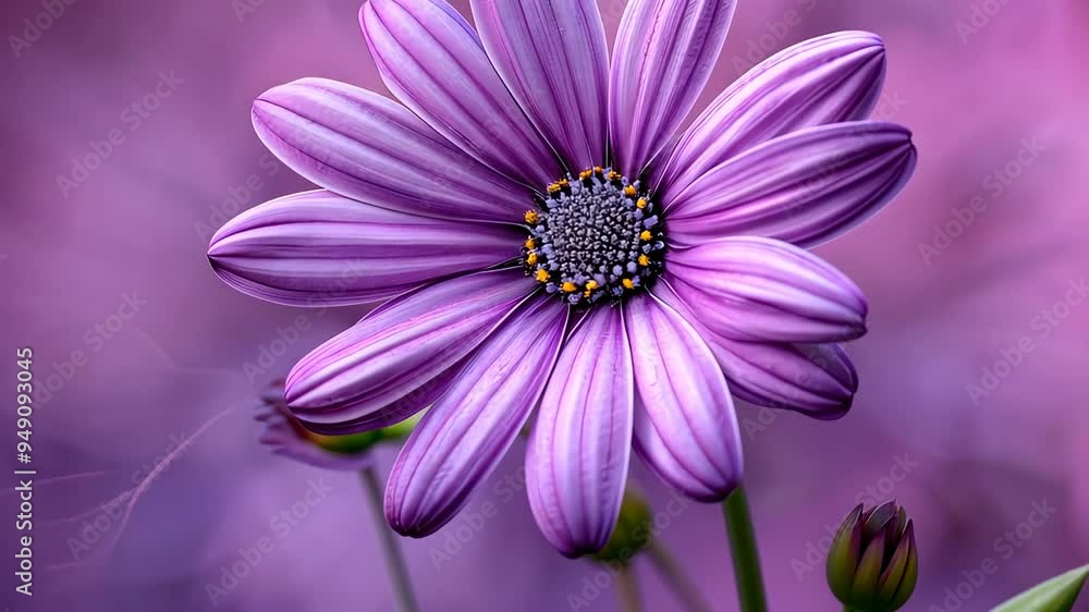 Close-up of a purple daisy with soft blurry background. Nature and beauty concept. Close-up of a purple daisy with soft blurry background. Nature and beauty concept.