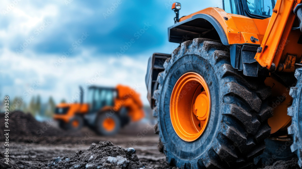 Close-up of large tractor tires on a construction site, highlighting industrial machinery and the work environment. Close-up of large tractor tires on a construction site, highlighting industrial machinery and the work environment.