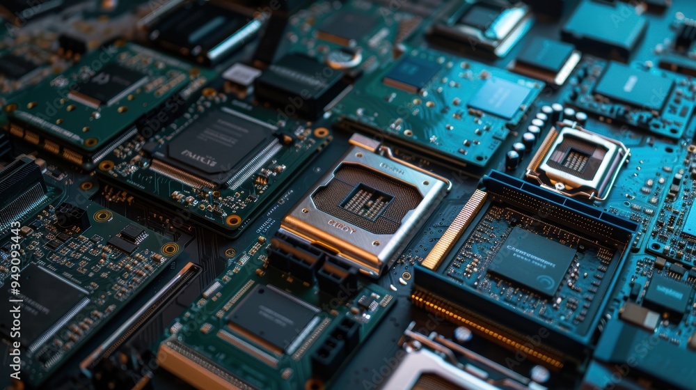 Computer hardware showing cpu chip on circuit board Computer hardware showing cpu chip on circuit board