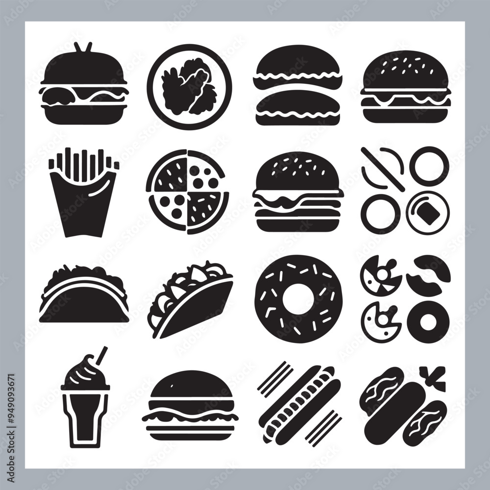 Set of fast food silhouette chicken grill, pizza, chicken sandwich, pasta, burger, French fries, sandwich, chicken wings vector in white background Set of fast food silhouette chicken grill, pizza, chicken sandwich, pasta, burger, French fries, sandwich, chicken wings vector in white background