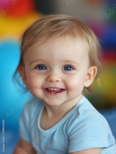 Happy Baby Smiling with Bright Blue Eyes in Colorful Playroom