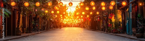 A serene street illuminated by vibrant lanterns at sunset, creating a warm and inviting atmosphere for evening strolls.