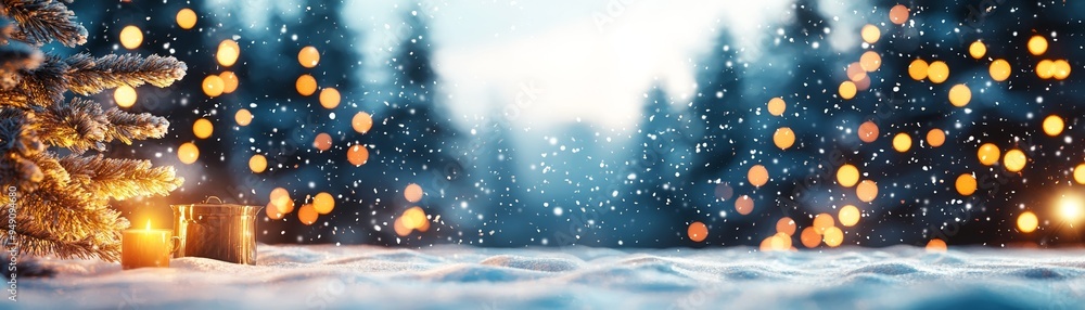A serene winter scene with snow, evergreens, and glowing lights, capturing the magic of the holiday season in a tranquil landscape. A serene winter scene with snow, evergreens, and glowing lights, capturing the magic of the holiday season in a tranquil landscape.