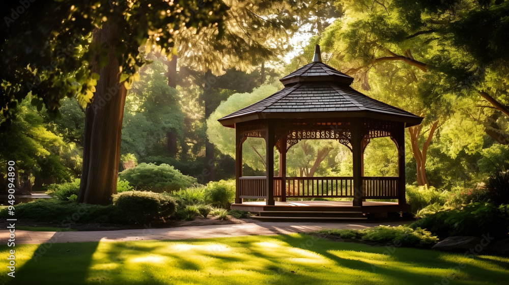 Sun-kissed Wooden Gazebo Surrounded by Verdant Greenery: A Serene Hideaway in Nature Sun-kissed Wooden Gazebo Surrounded by Verdant Greenery: A Serene Hideaway in Nature