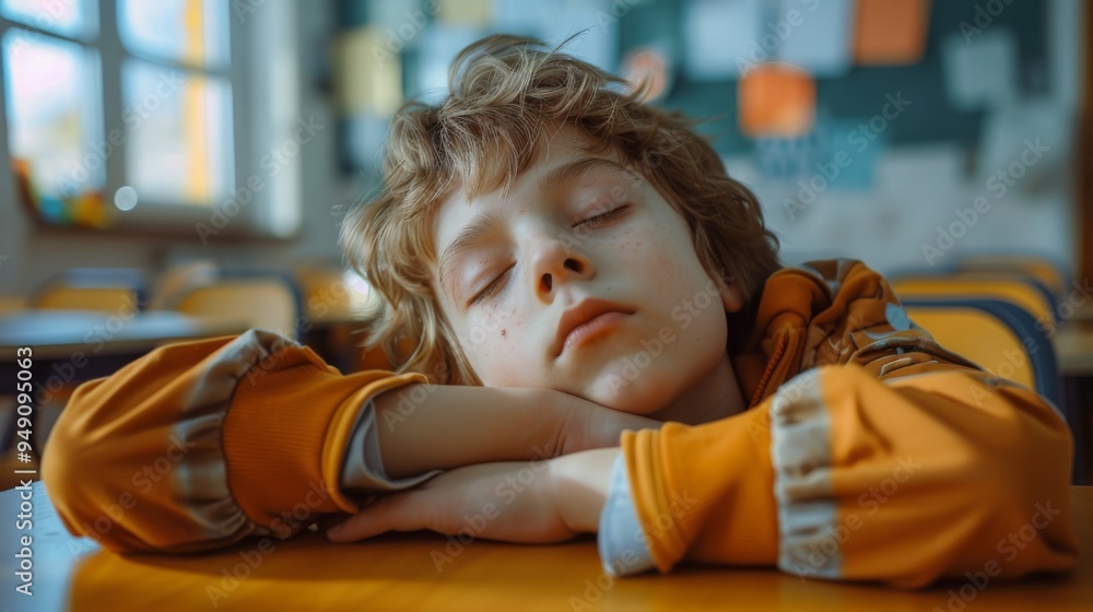 Sleeping child with head resting on desk in classroom. Close-up portrait of tired schoolboy in educational environment Sleeping child with head resting on desk in classroom. Close-up portrait of tired schoolboy in educational environment