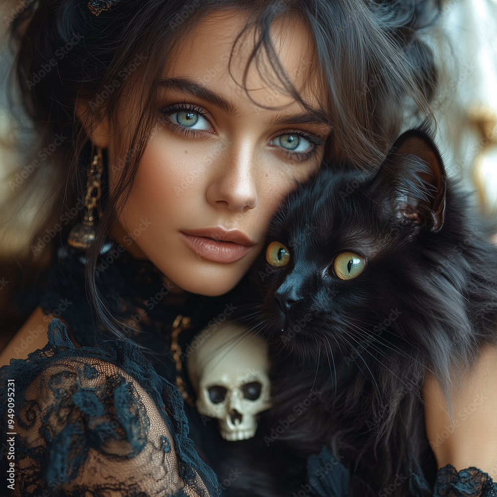 Mystical portrait of a beautiful black-haired woman with gray eyes in a witch costume with a skull and a black cat, creepy and enchanting Halloween atmosphere Mystical portrait of a beautiful black-haired woman with gray eyes in a witch costume with a skull and a black cat, creepy and enchanting Halloween atmosphere