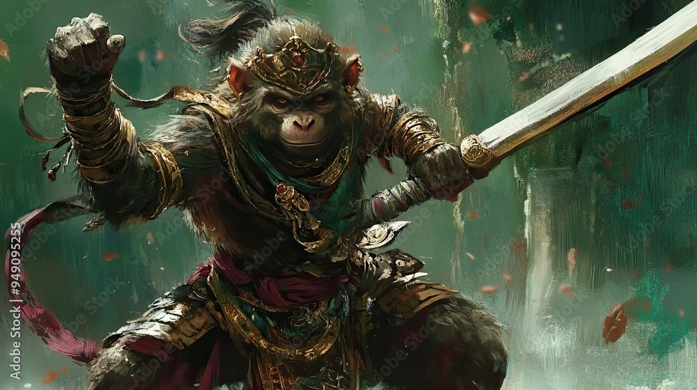 Fotografie A Mighty Monkey Warrior with a Sword and Crown