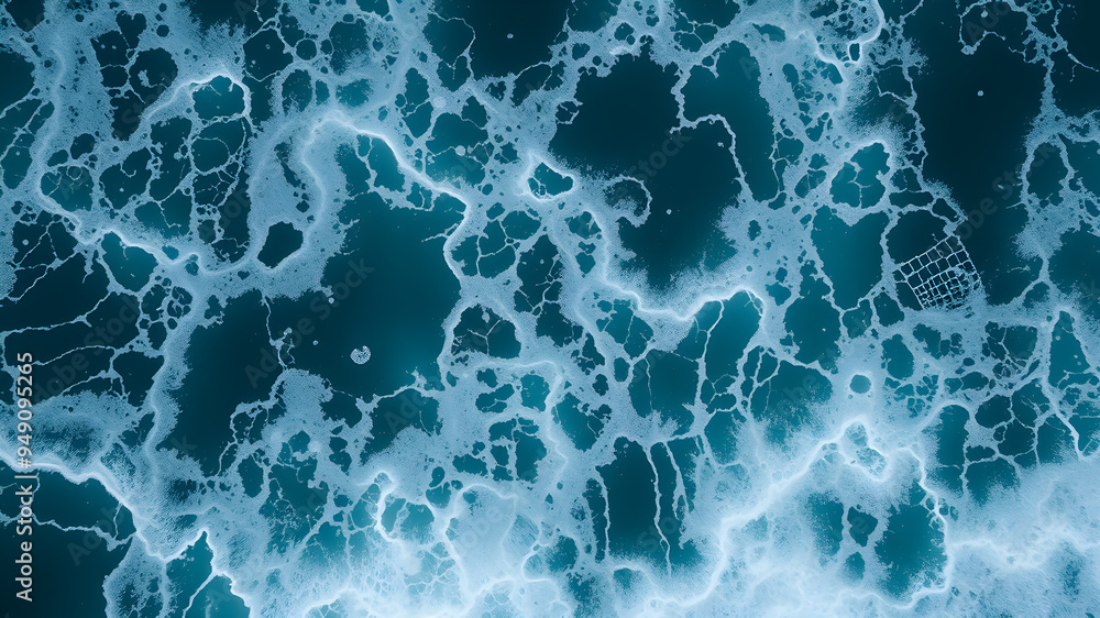 Top view of black oil in ocean water with sea foam. Generative AI Top view of black oil in ocean water with sea foam. Generative AI