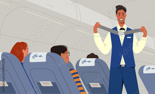People inside plane. Steward or pilot in airplane give instructions to passengers. Travel and vacation, trip and flight. Safety protocol. Poster or banner. Flat vector illustration