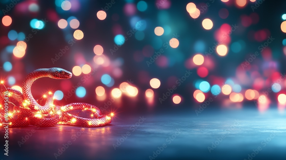 A snake intertwined with glowing lights on a blurred background creates a captivating and enchanting atmosphere. A snake intertwined with glowing lights on a blurred background creates a captivating and enchanting atmosphere.