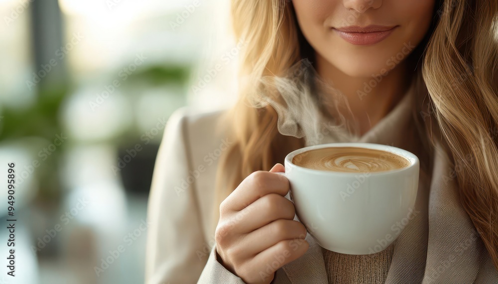 Businesswoman in a tailored blazer, holding a steaming coffee cup in a bright office, modern style, warm tones, close-up, sharp focus Businesswoman in a tailored blazer, holding a steaming coffee cup in a bright office, modern style, warm tones, close-up, sharp focus