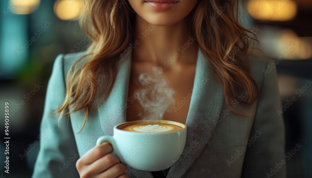 Businesswoman in a tailored blazer, holding a steaming coffee cup in a bright office, modern style, warm tones, close-up, sharp focus Businesswoman in a tailored blazer, holding a steaming coffee cup in a bright office, modern style, warm tones, close-up, sharp focus