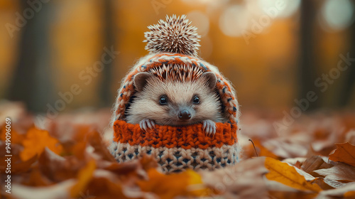 Hedgehog sits in a knitted patterned children's hat, like in a house, surrounded by autumn leaves. Autumn background, web wallpaper