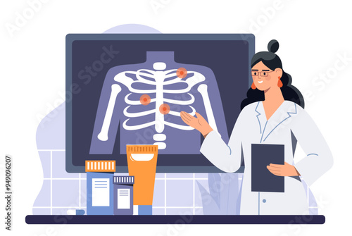 Radiologist woman concept. Young girl in medical uniform with xray of human torso. Health care and medicine, diagnosis and treatment. Flat vector illustration isolated on white background