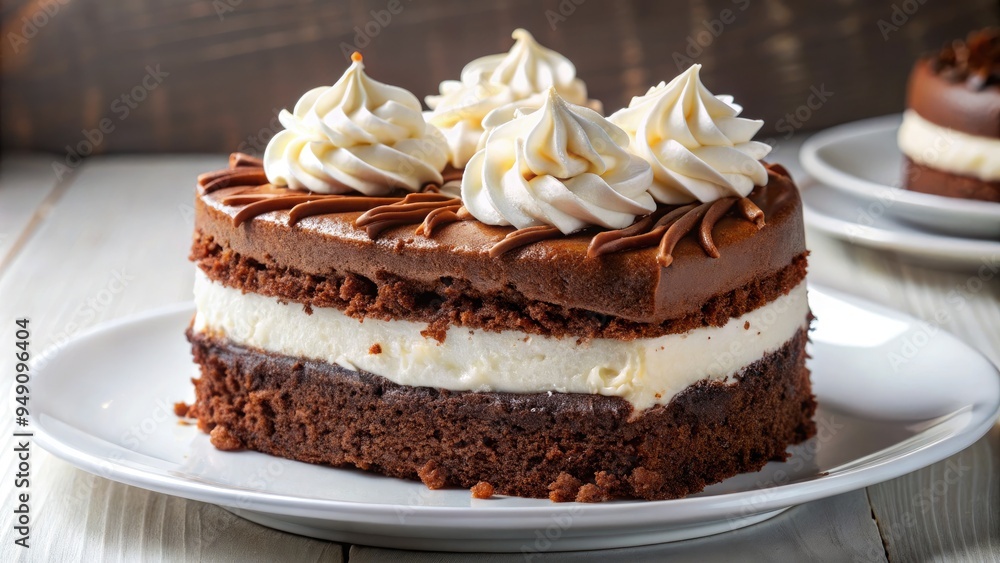 Rich, velvety chocolate cake oozing with a decadent cream filling, topped with a swirl of whipped cream and chocolate shavings, on a elegant white plate. Rich, velvety chocolate cake oozing with a decadent cream filling, topped with a swirl of whipped cream and chocolate shavings, on a elegant white plate.
