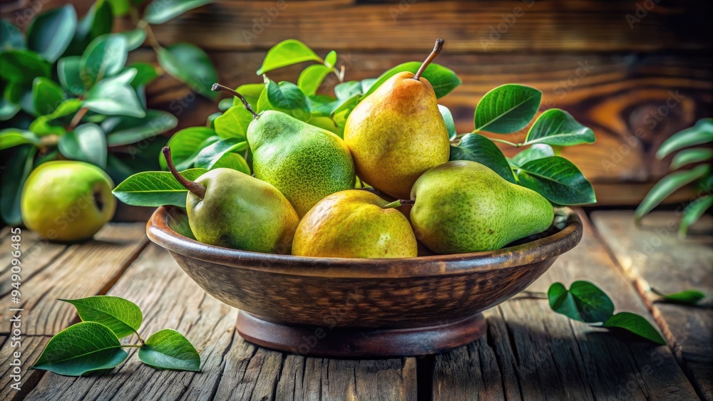 Fototapeta premium Ripe green and yellow pear fruit arranged in a decorative bowl on a rustic wooden table, surrounded by fresh greenery and soft natural light filtering in.