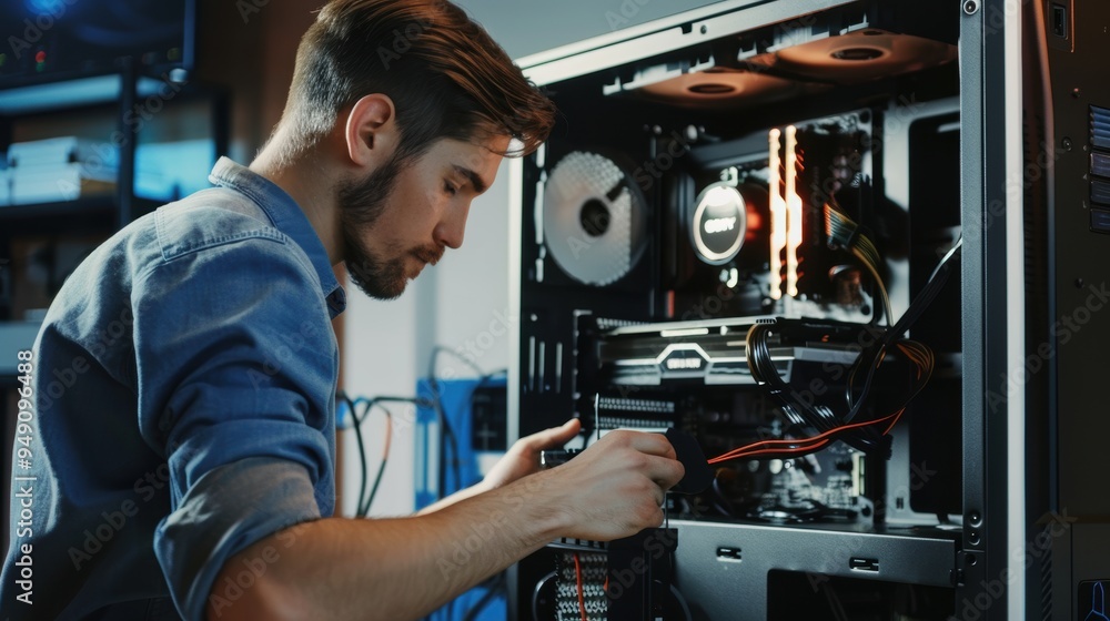 Young man is assembling a desktop computer and is installing a powerful graphics card Young man is assembling a desktop computer and is installing a powerful graphics card