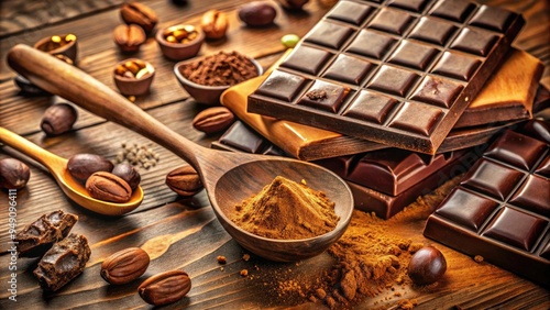 Rich, velvety chocolate flows from a wooden spoon, surrounded by scattered cocoa powder, scattered nuts, and baking utensils on a warm, golden-toned kitchen counter. photo