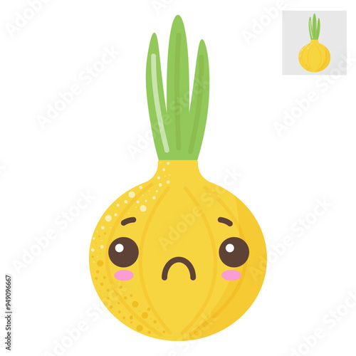 Flat vector illustration of an onion with kawaii eyes on a white background.