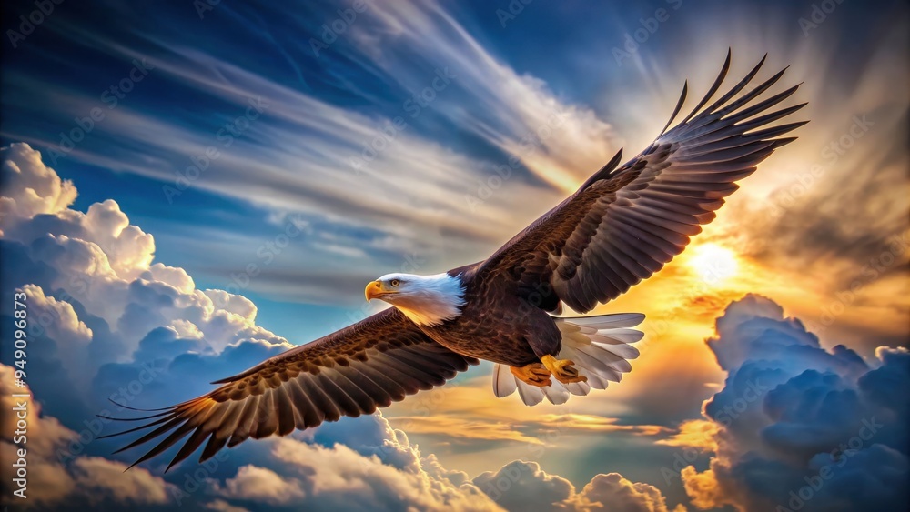Obraz premium Stylized of a bald eagle soaring through the sky, eagle, majestic, bird, wildlife, symbol, freedom, American, patriotic, wings