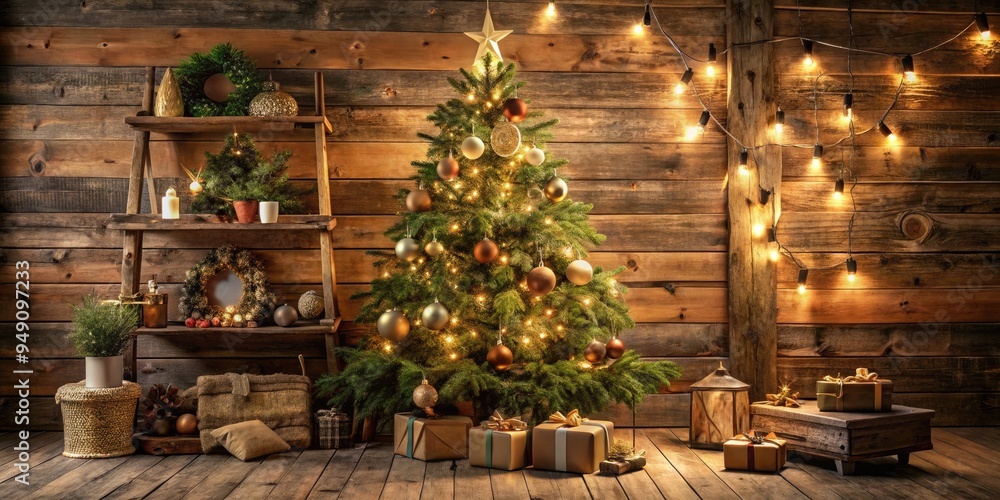 Rustic Farmhouse Christmas Ornaments Tree Background Earthy Tones Warm Lighting Mood Cozy Style Vintage Concept Rustic Farmhouse Christmas Ornaments Tree Background Earthy Tones Warm Lighting Mood Cozy Style Vintage Concept