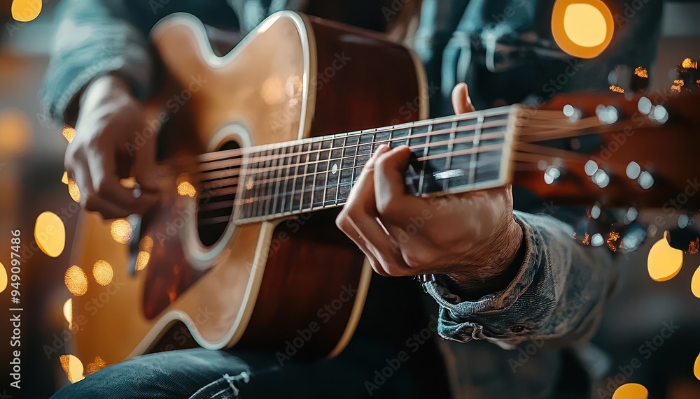 Obraz premium Musician tuning a guitar on stage, concert lighting, warm tones, close-up, soft focus, high contrast, artistic style