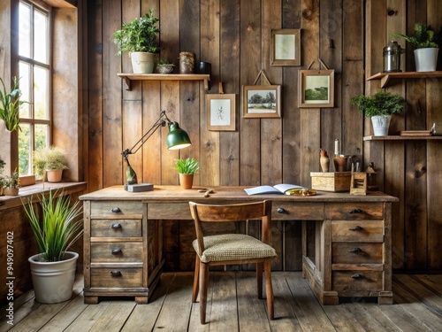 rustic office with reclaimed wood desk and vintage paper ephemera photo