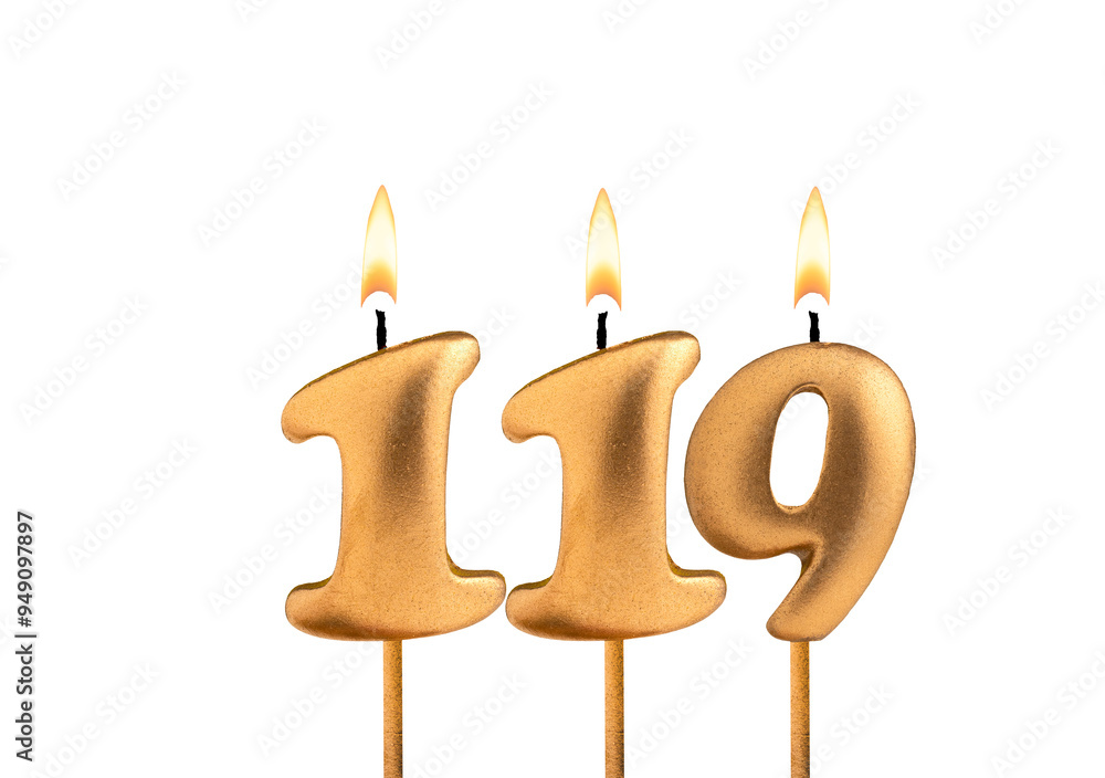 Birthday number 119 - Golden candle on white background Birthday number 119 - Golden candle on white background